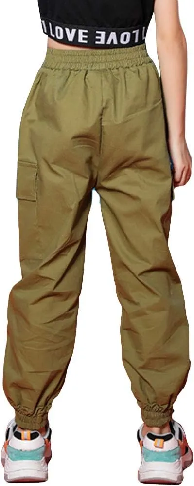 Rolanko Girls Cargo Pants for Kids Loose Streetwear Hip Hop Dance Cotton Cargo Jogger Pants for Kids 4-15 Years