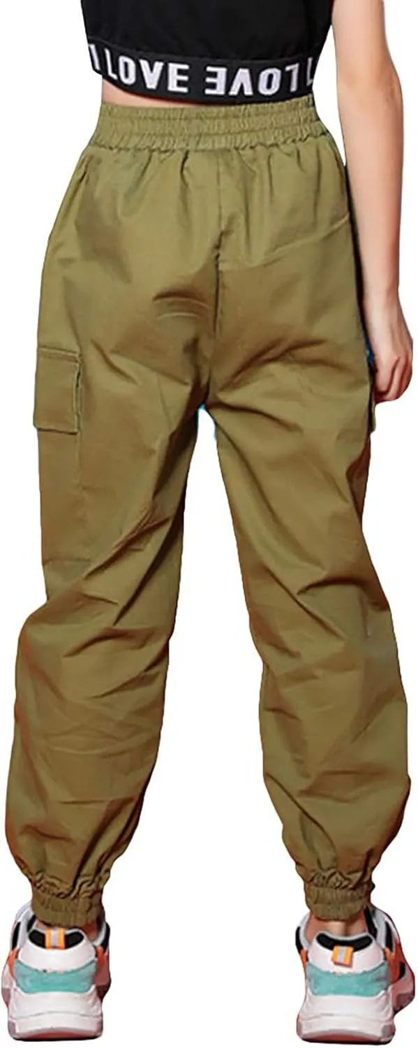 Rolanko Girls Cargo Pants for Kids Loose Streetwear Hip Hop Dance Cotton Cargo Jogger Pants for Kids 4-15 Years