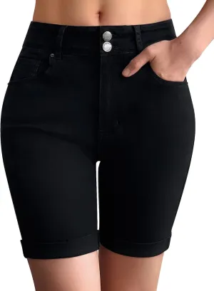 roswear Women's Mid Rise Skinny Butt Lifting Stretchy Bermuda Jeans Shorts