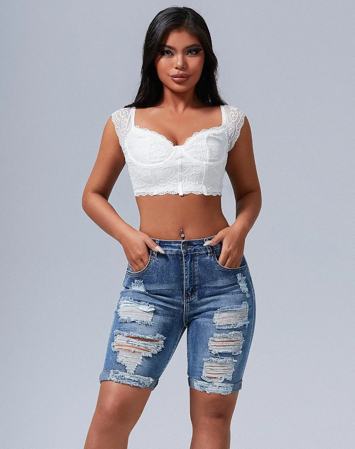 roswear Women's Ripped Denim Destroyed Mid Rise Stretchy Bermuda Shorts Jeans