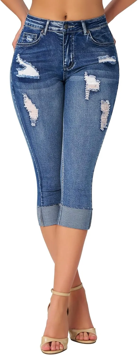 roswear Women's Ripped Stretchy Capri Jeans Mid Rise Cuffed Petite Denim Pants