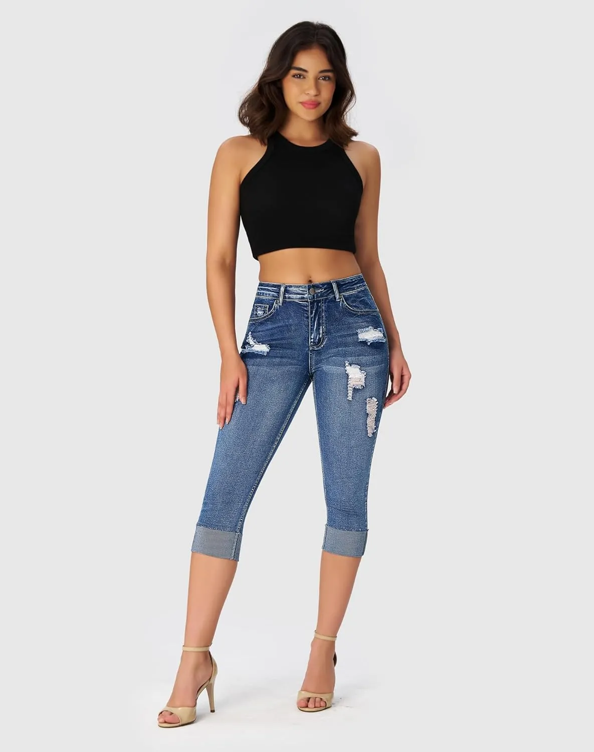 roswear Women's Ripped Stretchy Capri Jeans Mid Rise Cuffed Petite Denim Pants