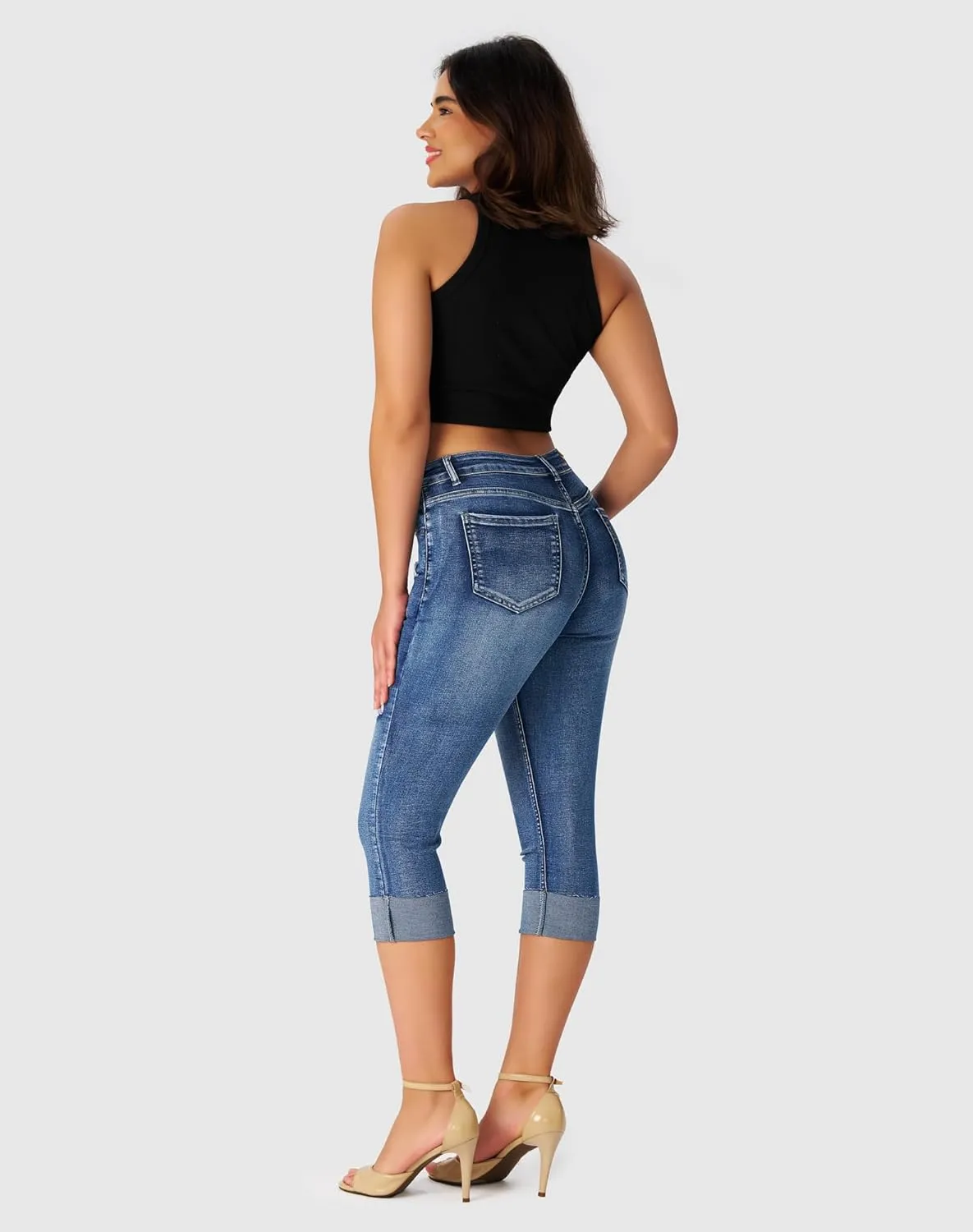 roswear Women's Ripped Stretchy Capri Jeans Mid Rise Cuffed Petite Denim Pants