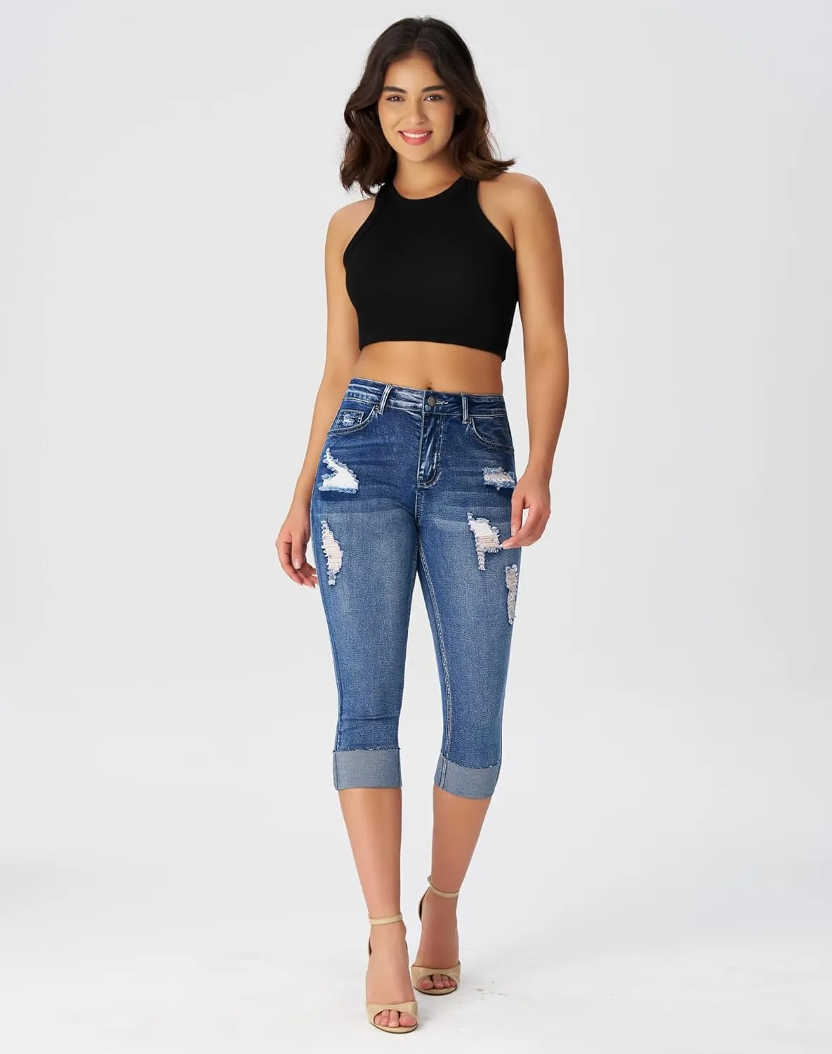 roswear Women's Ripped Stretchy Capri Jeans Mid Rise Cuffed Petite Denim Pants