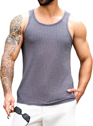 Runcati Mens Ribbed Knit Tank Top Cotton Sleeveless Shirts Summer Beach Workout Muscle Undershirt