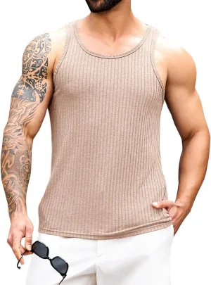Runcati Mens Ribbed Knit Tank Top Cotton Sleeveless Shirts Summer Beach Workout Muscle Undershirt