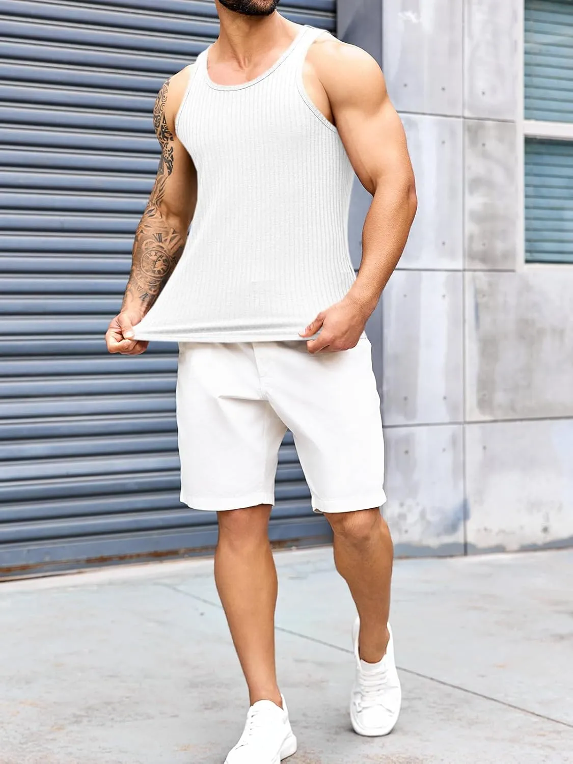 Runcati Mens Ribbed Knit Tank Top Cotton Sleeveless Shirts Summer Beach Workout Muscle Undershirt