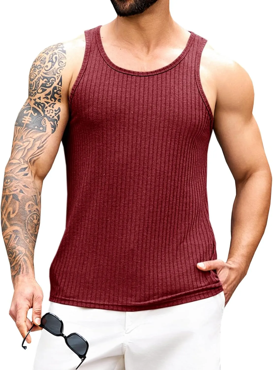 Runcati Mens Ribbed Knit Tank Top Cotton Sleeveless Shirts Summer Beach Workout Muscle Undershirt