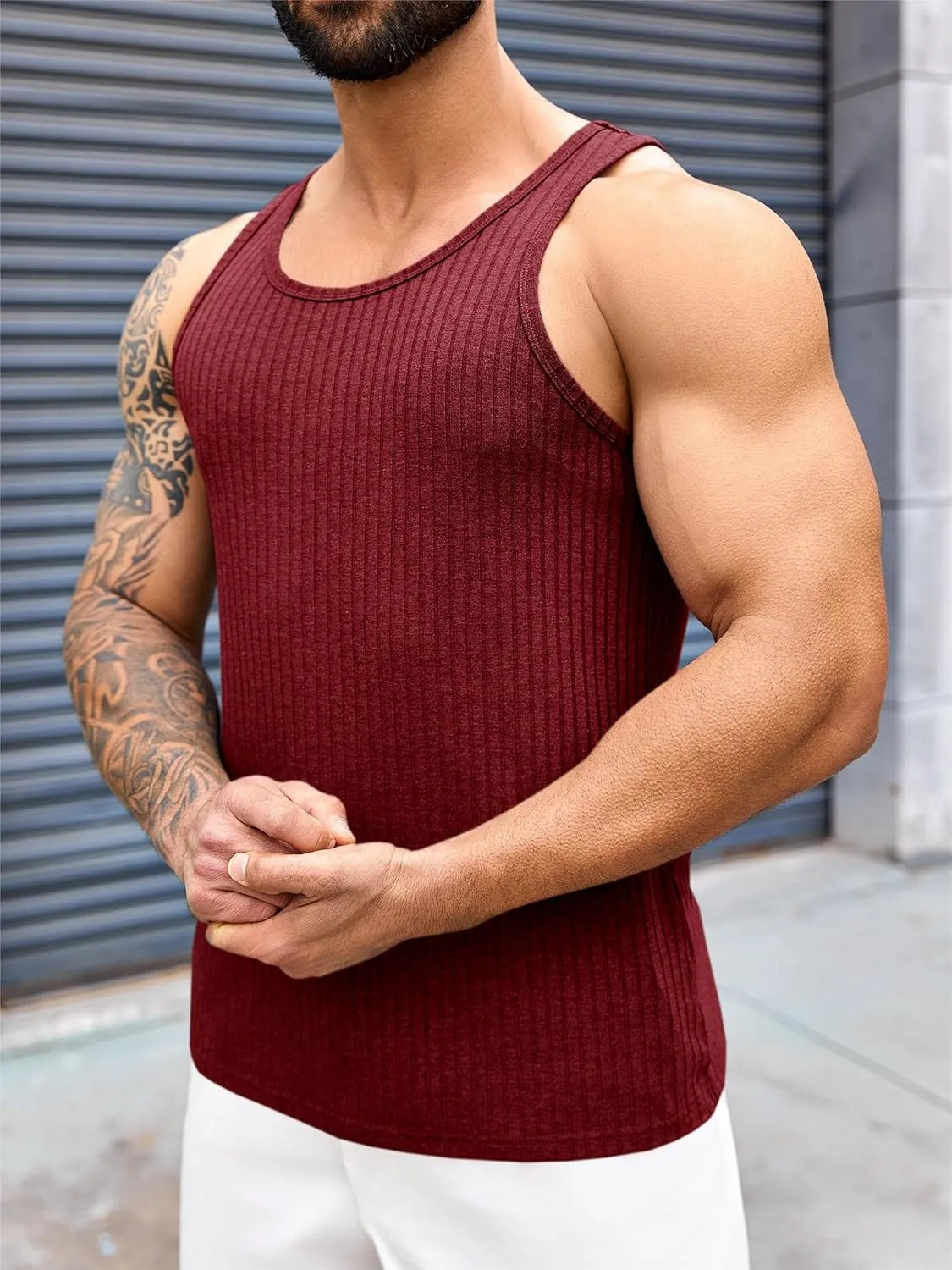 Runcati Mens Ribbed Knit Tank Top Cotton Sleeveless Shirts Summer Beach Workout Muscle Undershirt