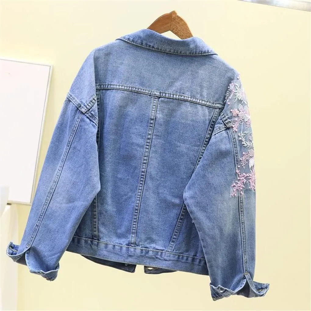 SaoBiiu Women Denim Jacket Embroidery Dimensional Floral Jeans Jacket Beading Pearl Ripped Hole Outerwear