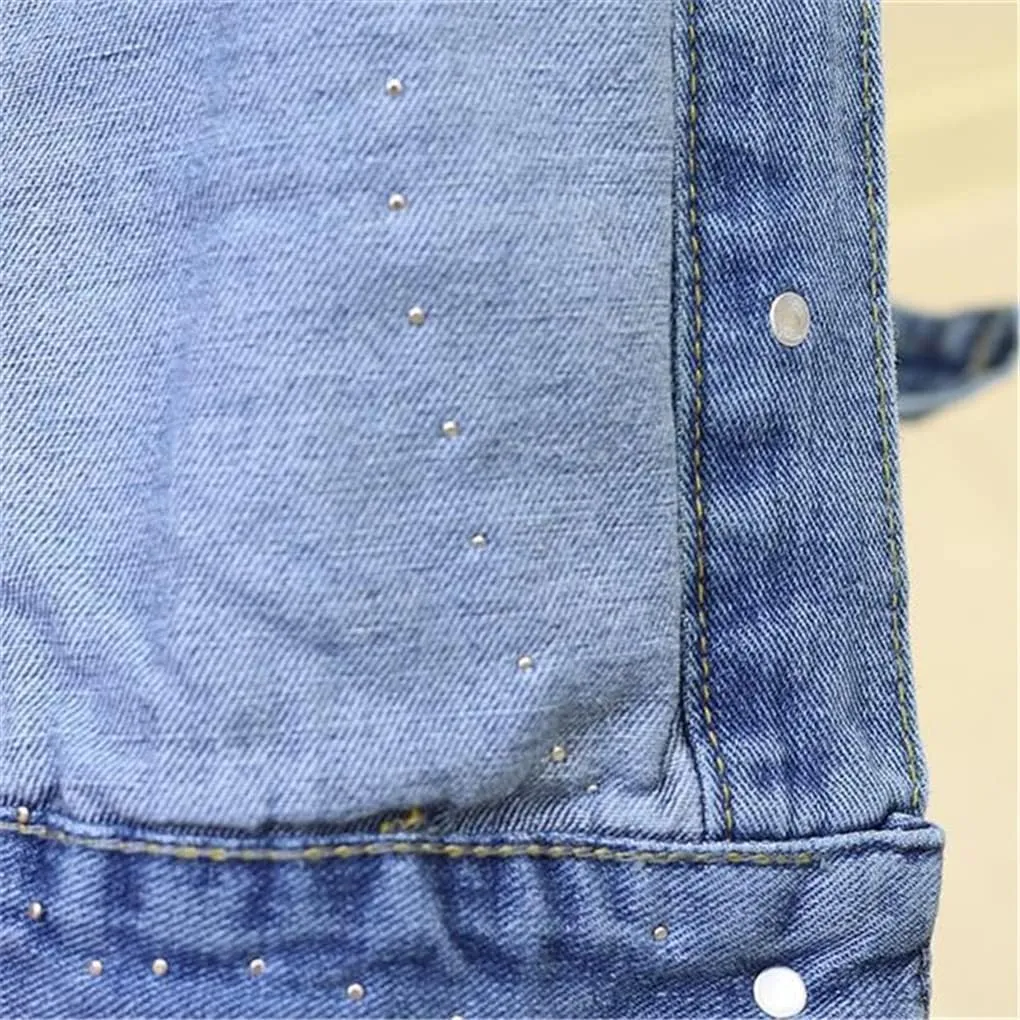 SaoBiiu Women Denim Jacket Embroidery Dimensional Floral Jeans Jacket Beading Pearl Ripped Hole Outerwear