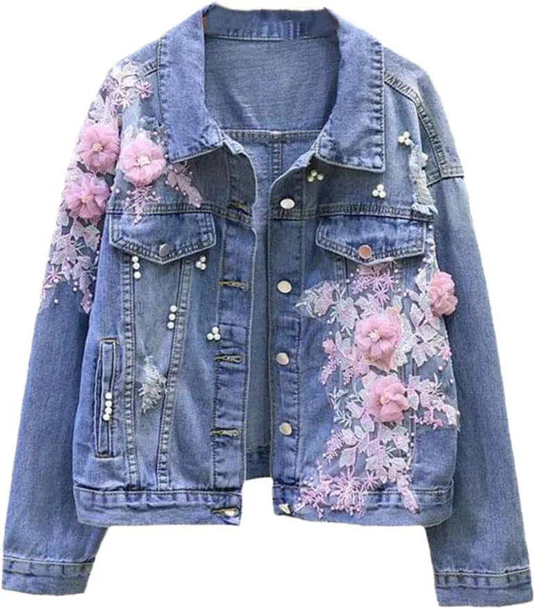 SaoBiiu Women Denim Jacket Embroidery Dimensional Floral Jeans Jacket Beading Pearl Ripped Hole Outerwear