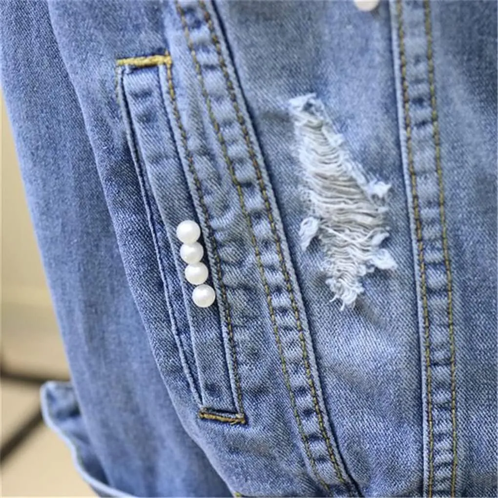 SaoBiiu Women Denim Jacket Embroidery Dimensional Floral Jeans Jacket Beading Pearl Ripped Hole Outerwear