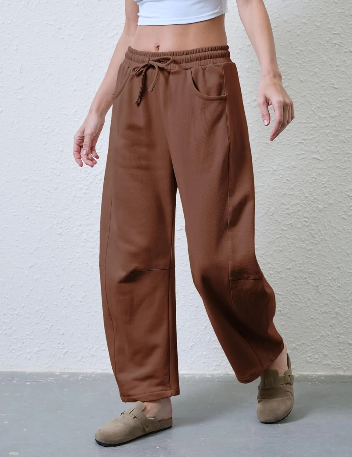SeekMe Women's Barrel Leg Sweatpant Drawstring Elastic Waisted Wide Leg Pants Casual Cotton Palazzo Trousers with Pockets