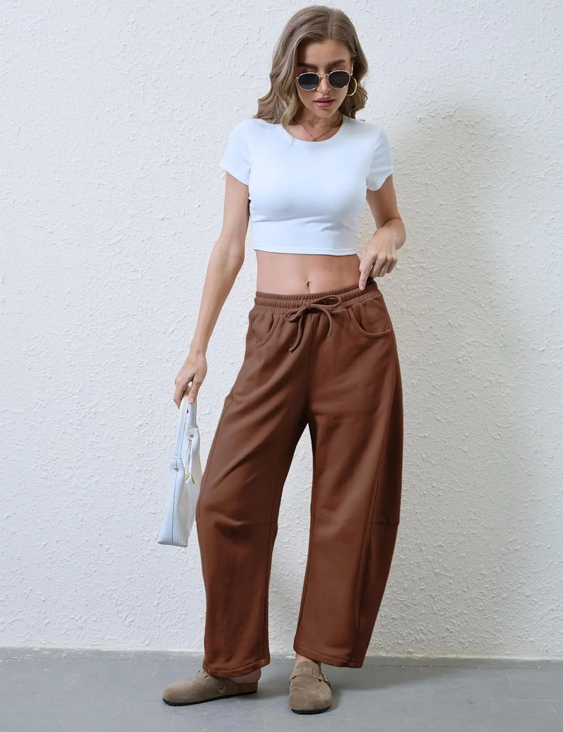 SeekMe Women's Barrel Leg Sweatpant Drawstring Elastic Waisted Wide Leg Pants Casual Cotton Palazzo Trousers with Pockets