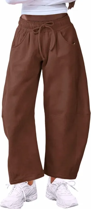 SeekMe Women's Barrel Leg Sweatpant Drawstring Elastic Waisted Wide Leg Pants Casual Cotton Palazzo Trousers with Pockets