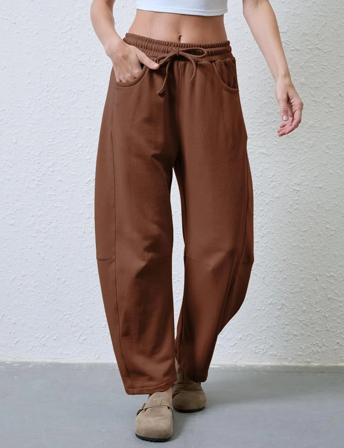SeekMe Women's Barrel Leg Sweatpant Drawstring Elastic Waisted Wide Leg Pants Casual Cotton Palazzo Trousers with Pockets