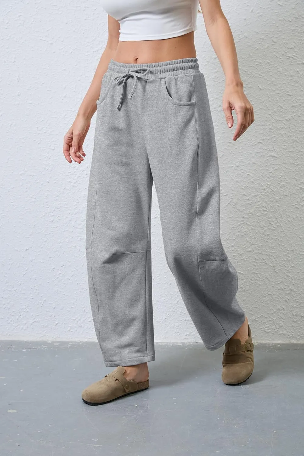 SeekMe Women's Barrel Leg Sweatpant Drawstring Elastic Waisted Wide Leg Pants Casual Cotton Palazzo Trousers with Pockets