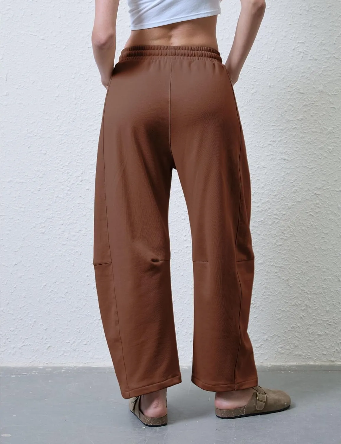 SeekMe Women's Barrel Leg Sweatpant Drawstring Elastic Waisted Wide Leg Pants Casual Cotton Palazzo Trousers with Pockets