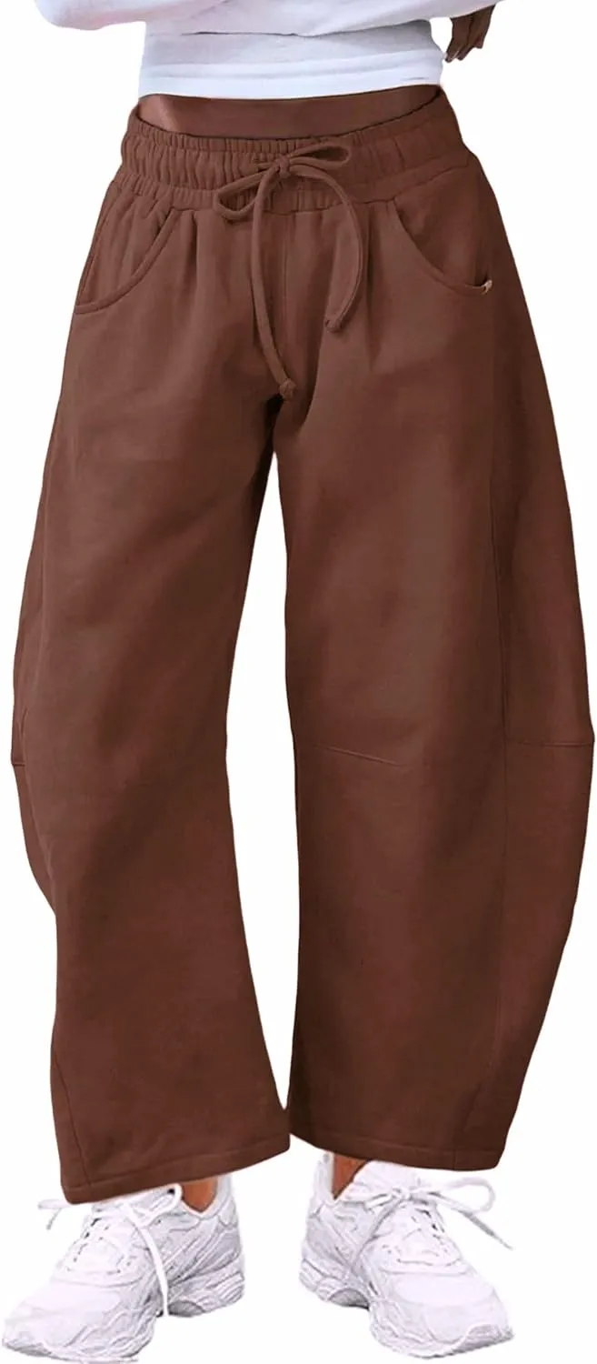 SeekMe Women's Barrel Leg Sweatpant Drawstring Elastic Waisted Wide Leg Pants Casual Cotton Palazzo Trousers with Pockets