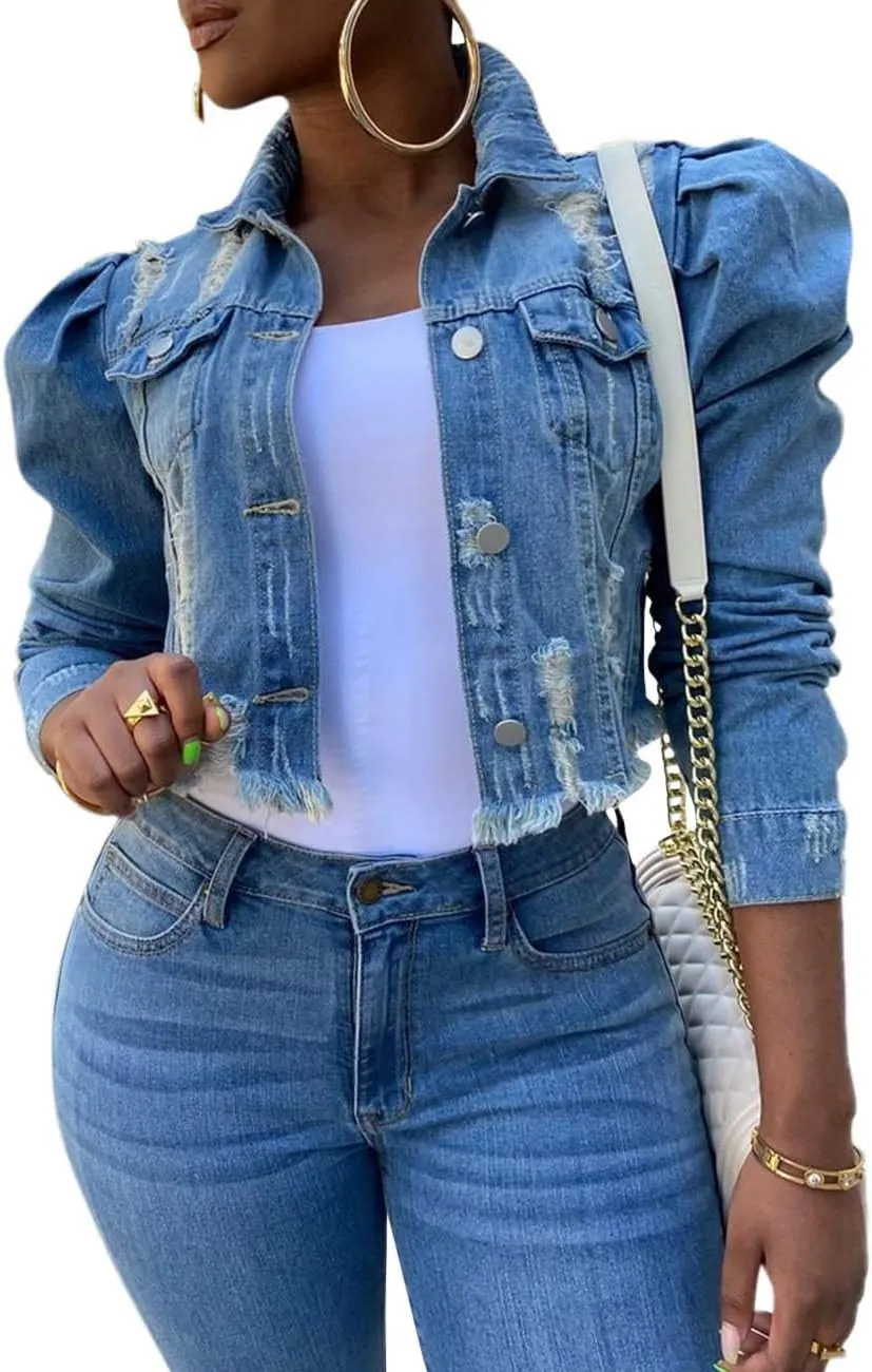 SEMATOMALA Women's Puff Sleeve Crop Denim Jacket Ruffle Shoulder Long Sleeve Frayed Slim Jean Coat Outwear