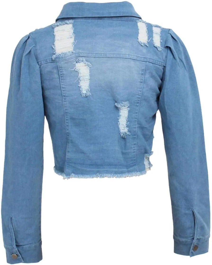 SEMATOMALA Women's Puff Sleeve Crop Denim Jacket Ruffle Shoulder Long Sleeve Frayed Slim Jean Coat Outwear