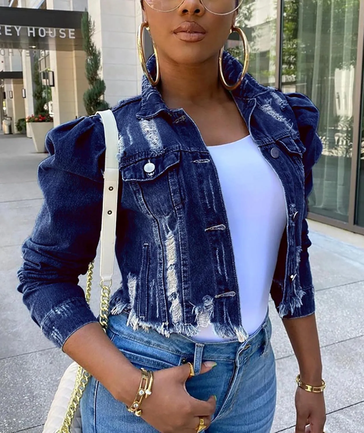SEMATOMALA Women's Puff Sleeve Crop Denim Jacket Ruffle Shoulder Long Sleeve Frayed Slim Jean Coat Outwear