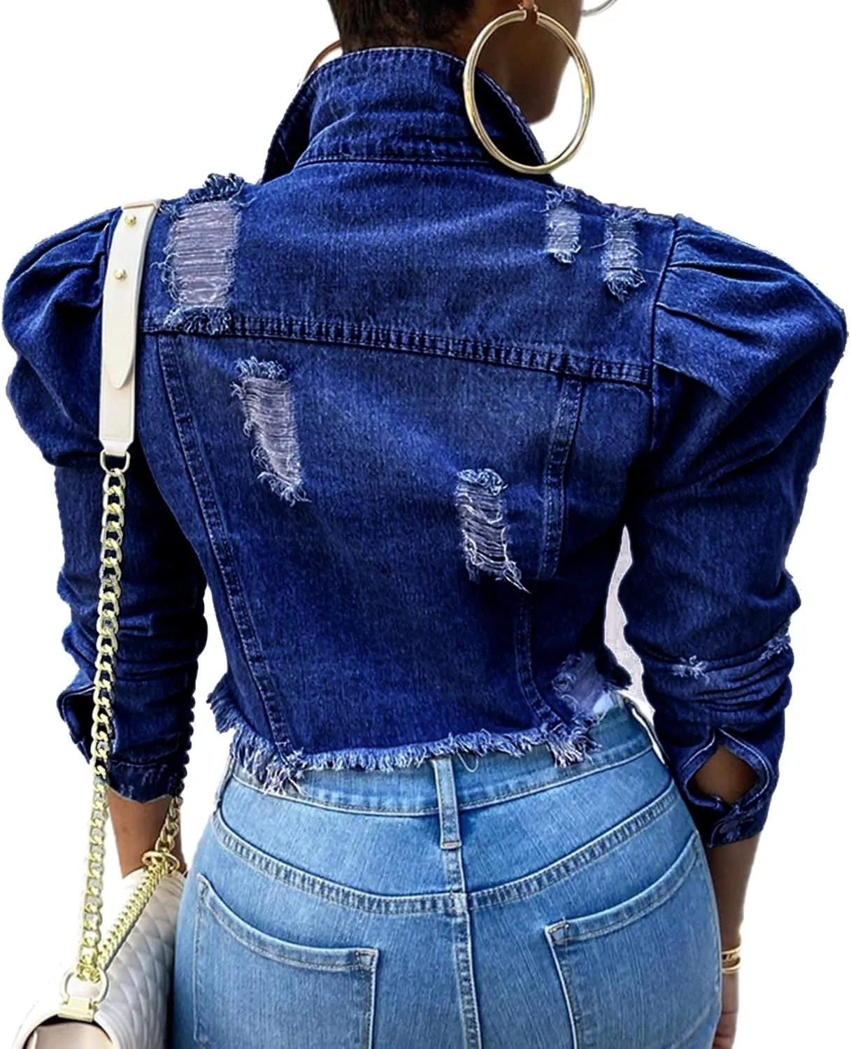 SEMATOMALA Women's Puff Sleeve Crop Denim Jacket Ruffle Shoulder Long Sleeve Frayed Slim Jean Coat Outwear