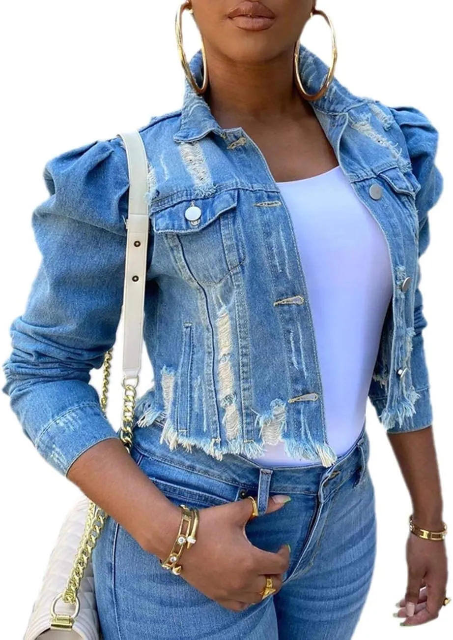 SEMATOMALA Women's Puff Sleeve Crop Denim Jacket Ruffle Shoulder Long Sleeve Frayed Slim Jean Coat Outwear