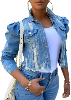 SEMATOMALA Women's Puff Sleeve Crop Denim Jacket Ruffle Shoulder Long Sleeve Frayed Slim Jean Coat Outwear