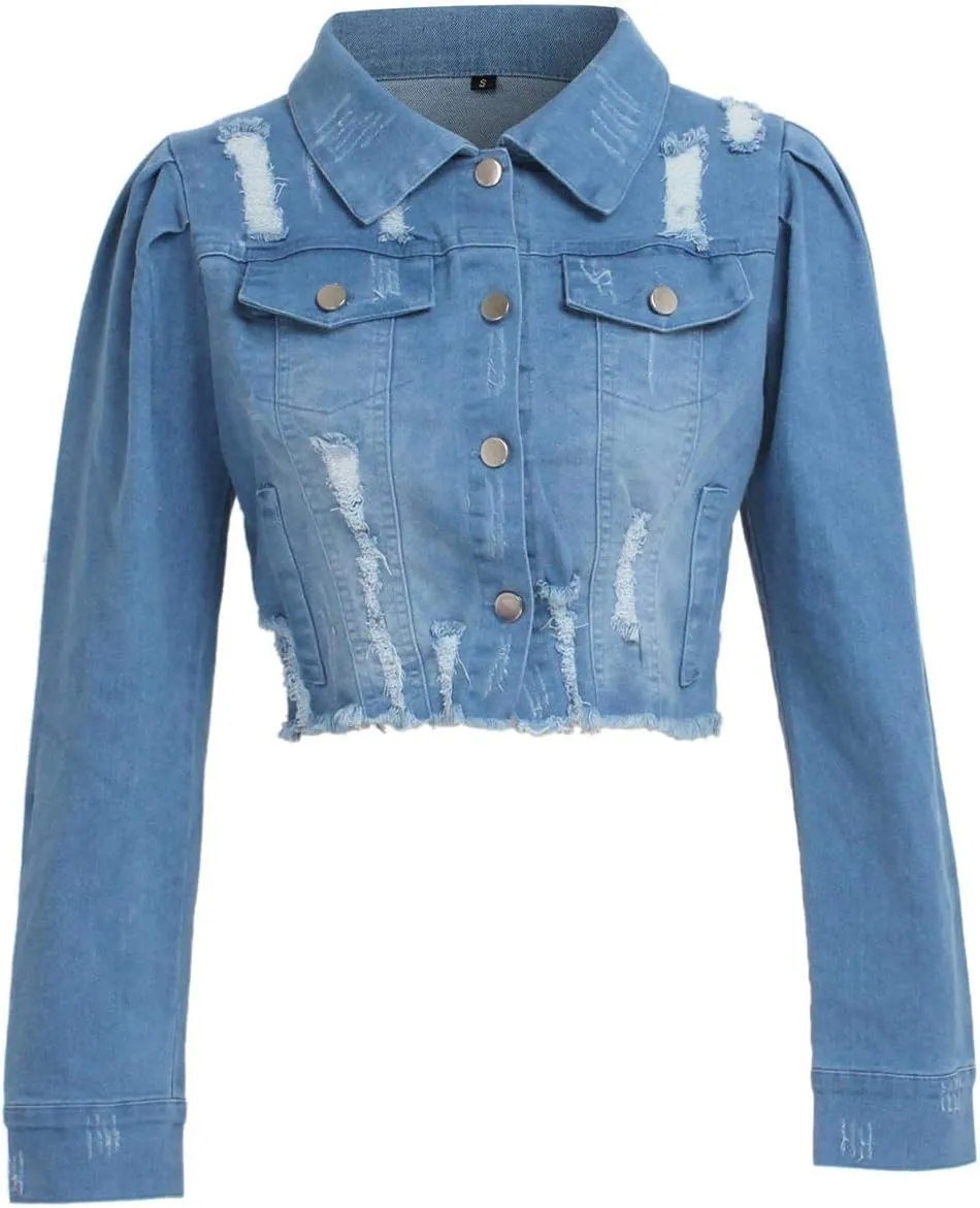 SEMATOMALA Women's Puff Sleeve Crop Denim Jacket Ruffle Shoulder Long Sleeve Frayed Slim Jean Coat Outwear