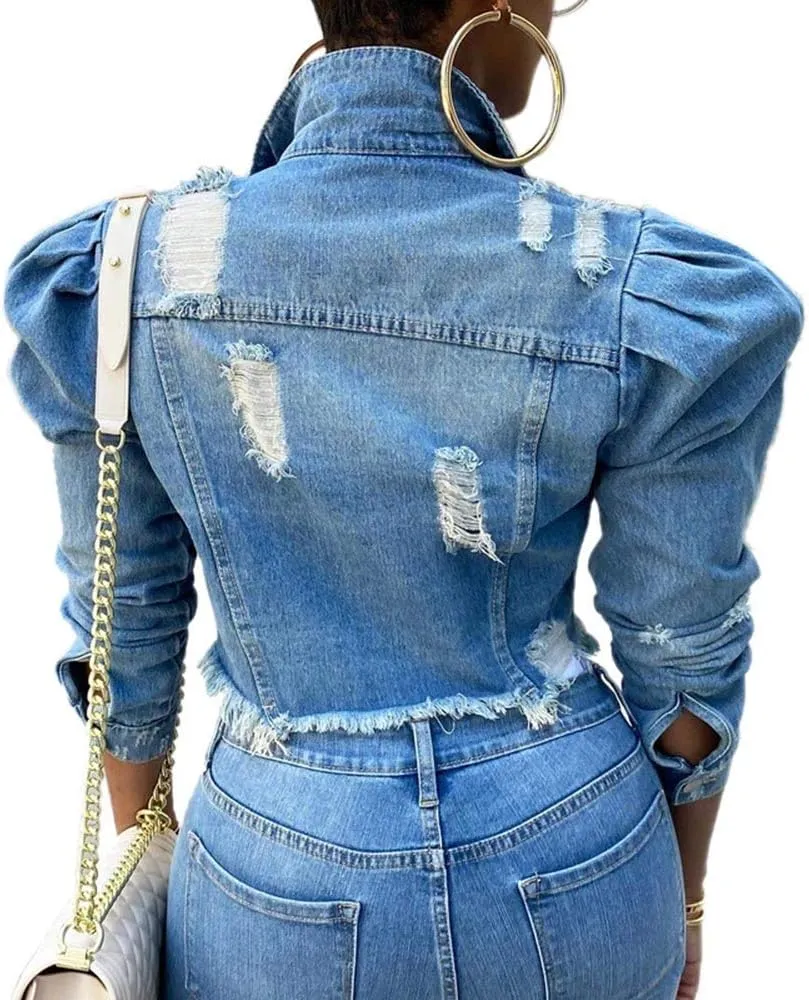 SEMATOMALA Women's Puff Sleeve Crop Denim Jacket Ruffle Shoulder Long Sleeve Frayed Slim Jean Coat Outwear