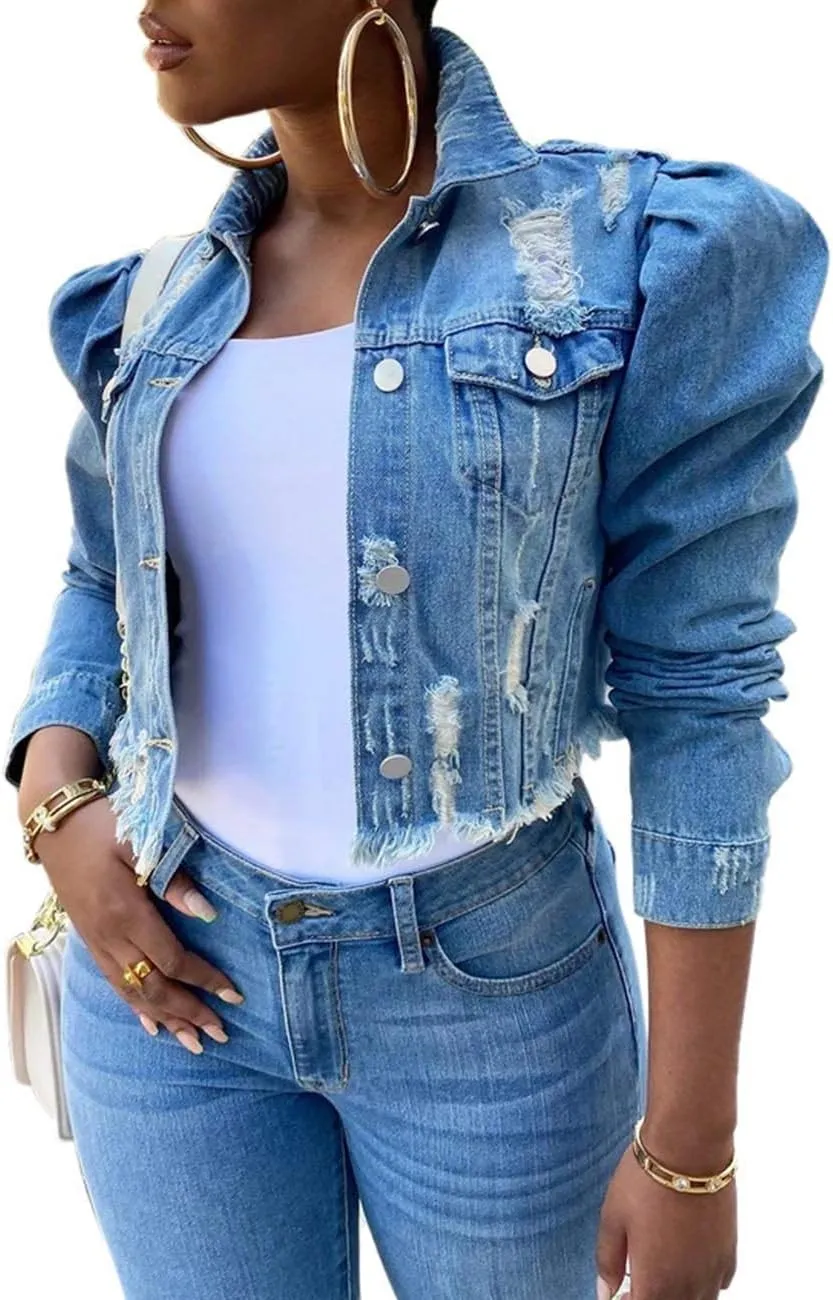SEMATOMALA Women's Puff Sleeve Crop Denim Jacket Ruffle Shoulder Long Sleeve Frayed Slim Jean Coat Outwear