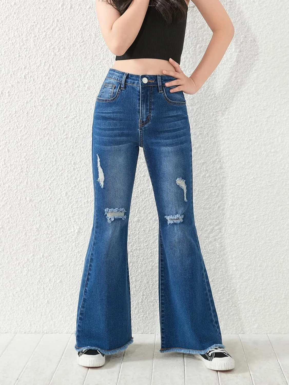 SHENHE Girl's High Waisted Flare Leg Jeans Split Raw Hem Denim Pants with Pockets