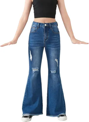 SHENHE Girl's High Waisted Flare Leg Jeans Split Raw Hem Denim Pants with Pockets