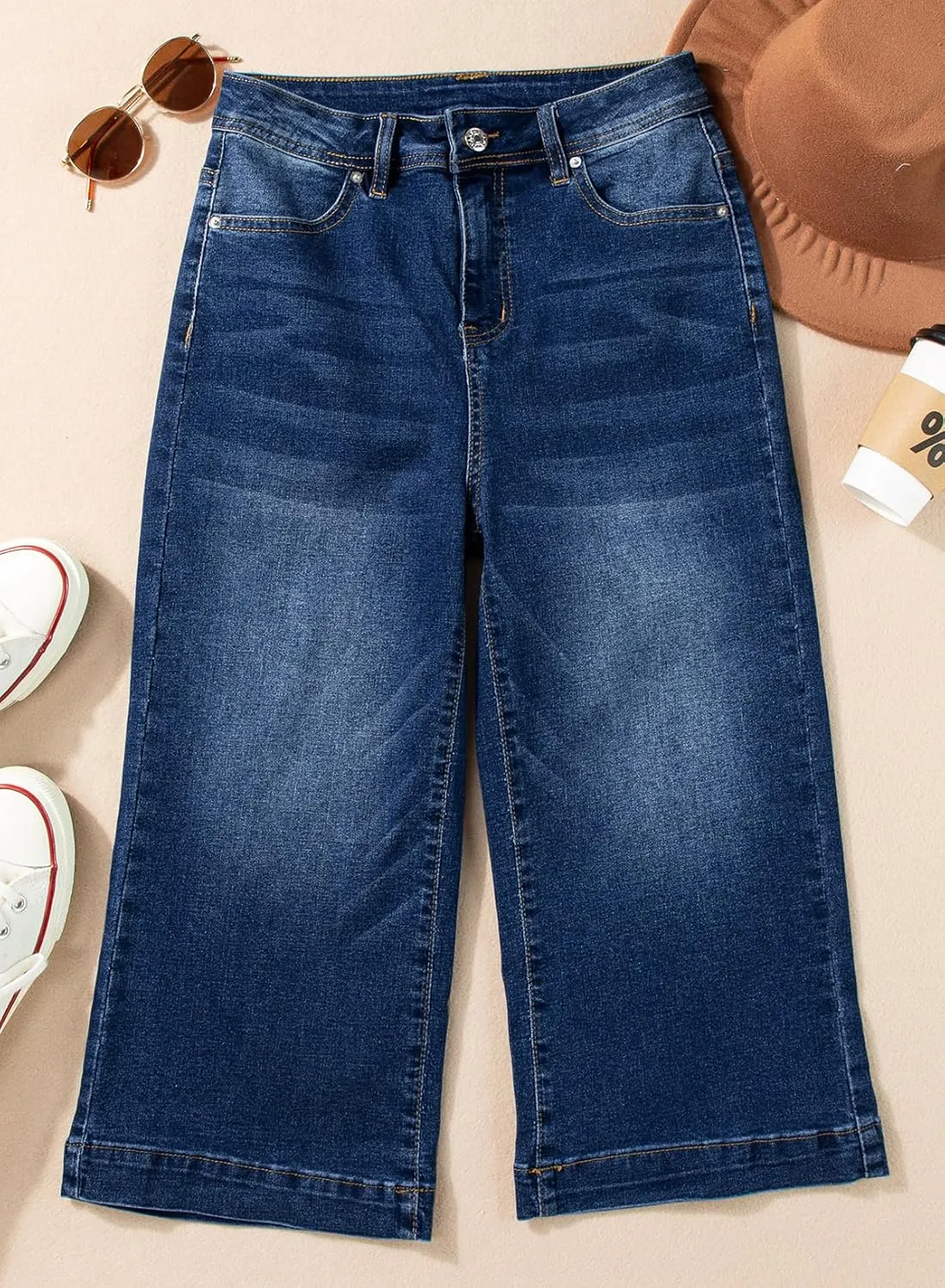 Sidefeel Women's Wide Leg Jeans High Waisted Stretchy Capri Pants