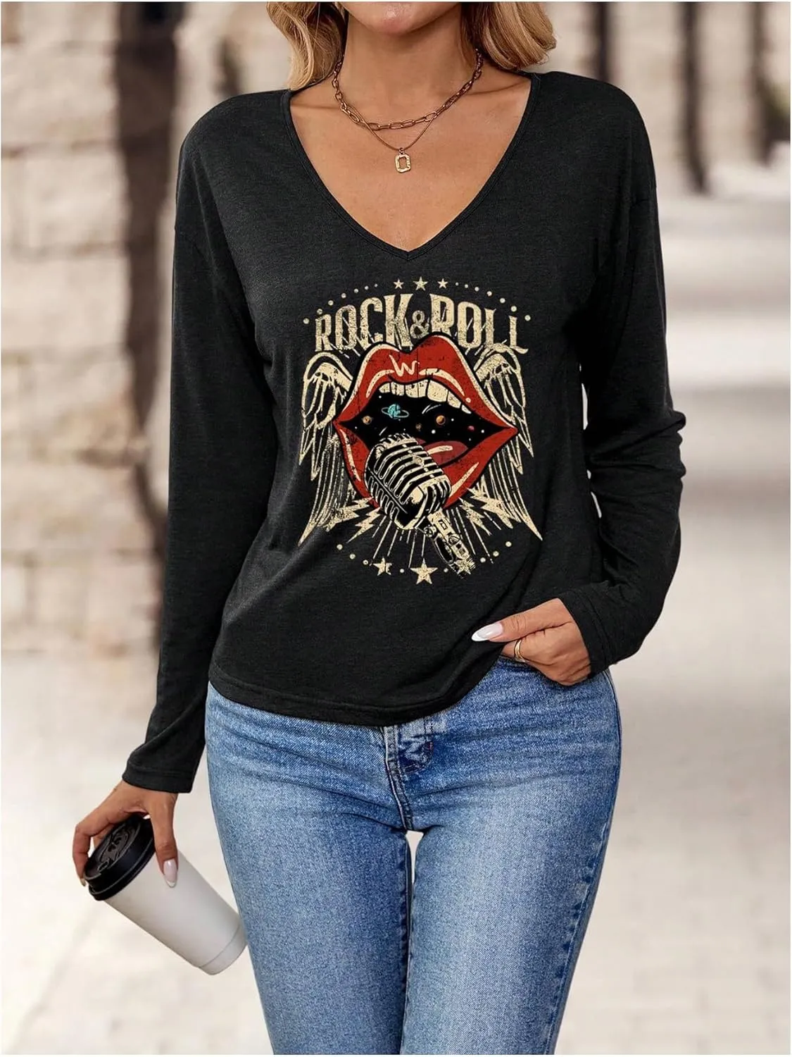 SOLY HUX Women's Graphic Tees V Neck Long Sleeve T Shirt Rock Roll Vintage Casual Tops