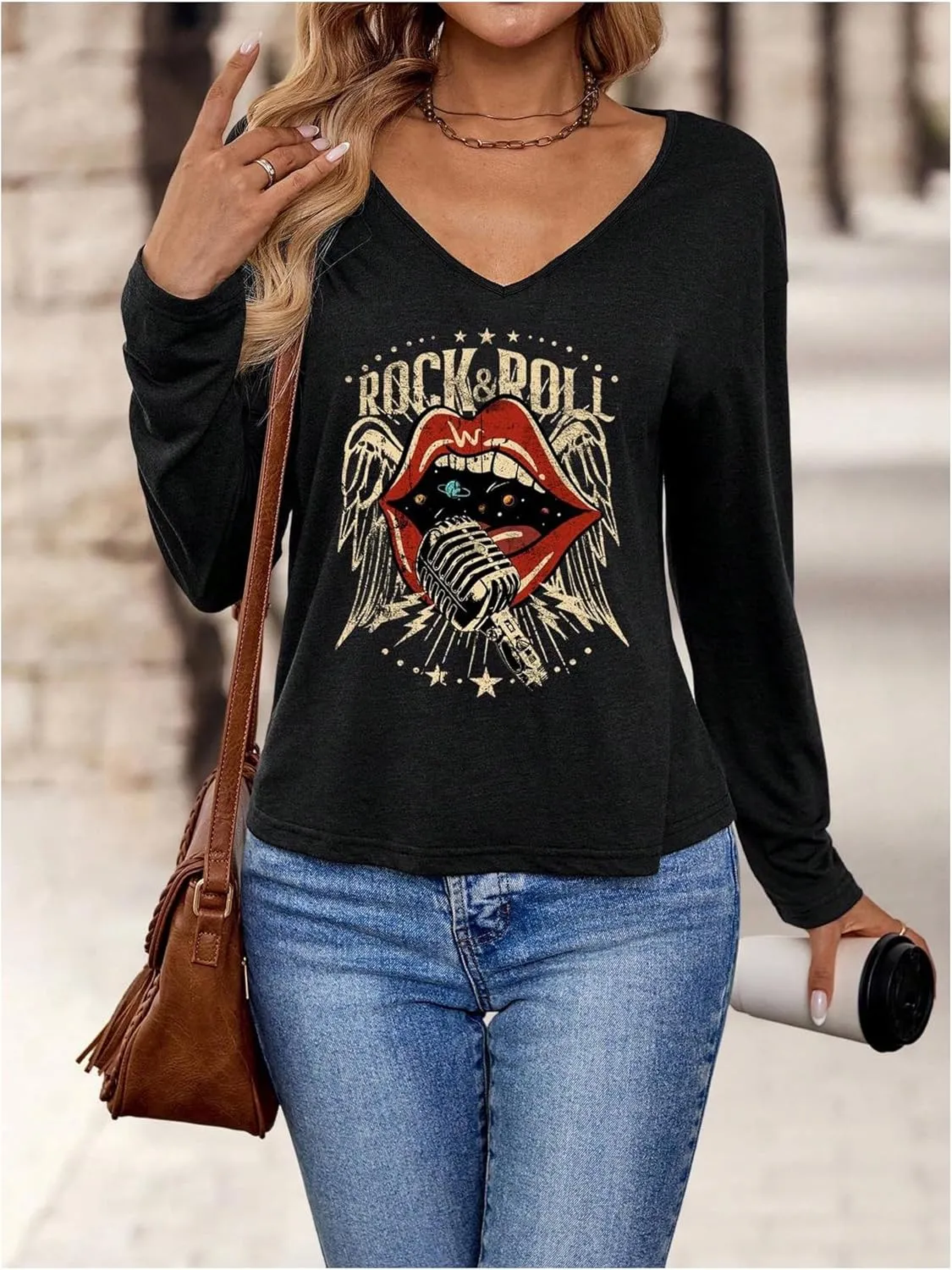 SOLY HUX Women's Graphic Tees V Neck Long Sleeve T Shirt Rock Roll Vintage Casual Tops