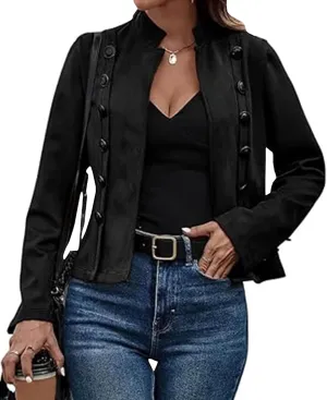 SOMTHRON Women's Faux Suede Leather Jacket Open Front Long Sleeve Fall Winter Casual Business Work Slim Blazer Coat