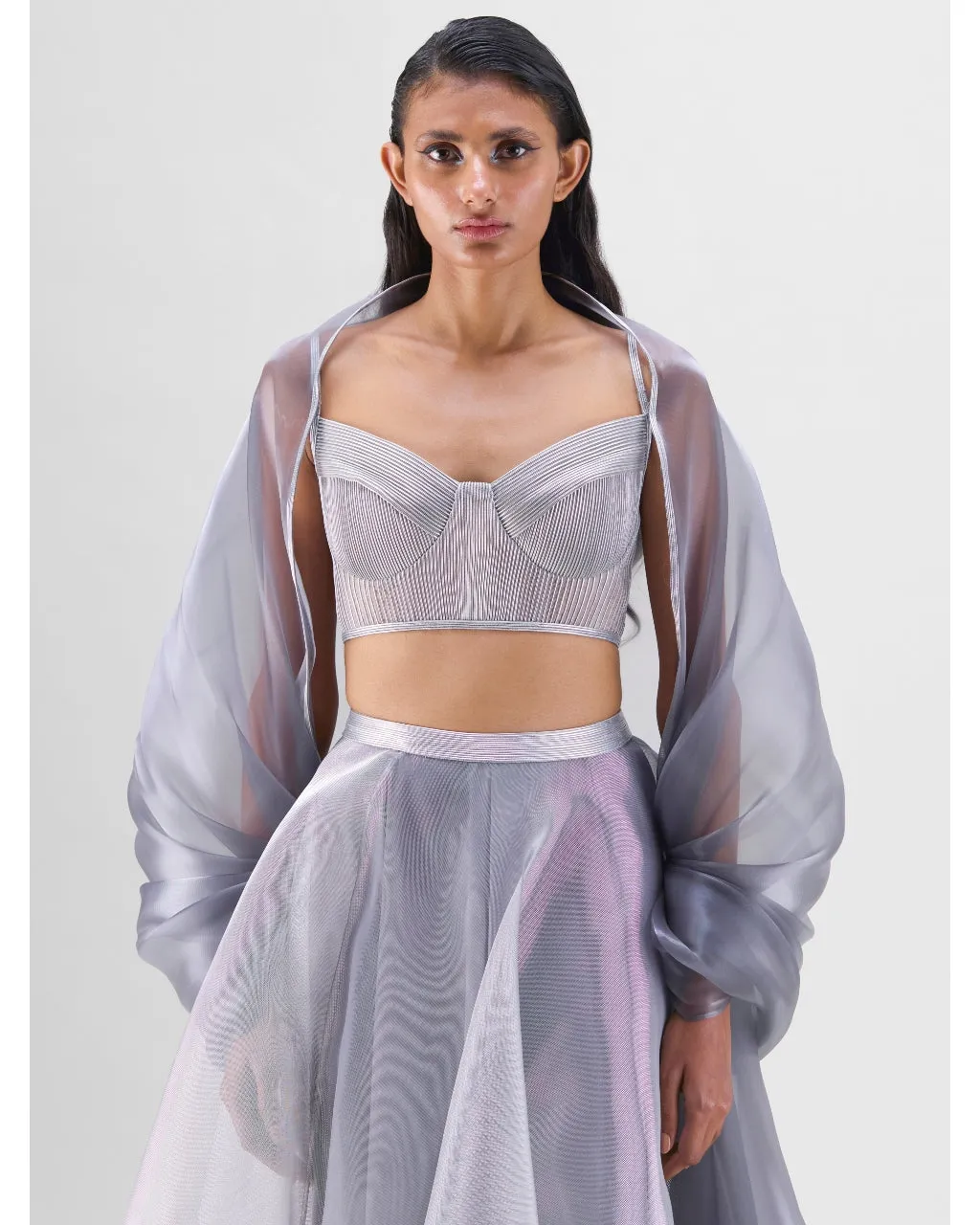 Steel Liquid Mesh Lehenga Set