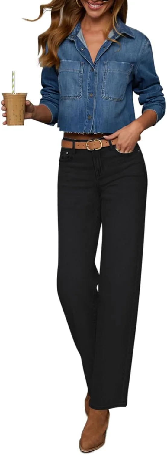 Straight Leg Jeans for Women Trendy High Waisted Cropped Boyfriend Mom Stretchy Frayed Hem Loose Wide Leg Baggy Pants