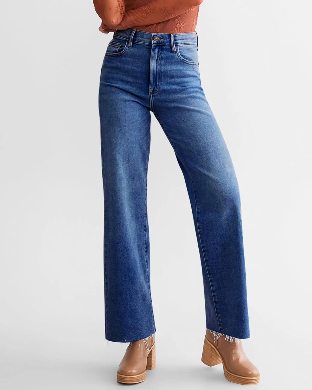 Straight Leg Jeans for Women Trendy High Waisted Cropped Boyfriend Mom Stretchy Frayed Hem Loose Wide Leg Baggy Pants