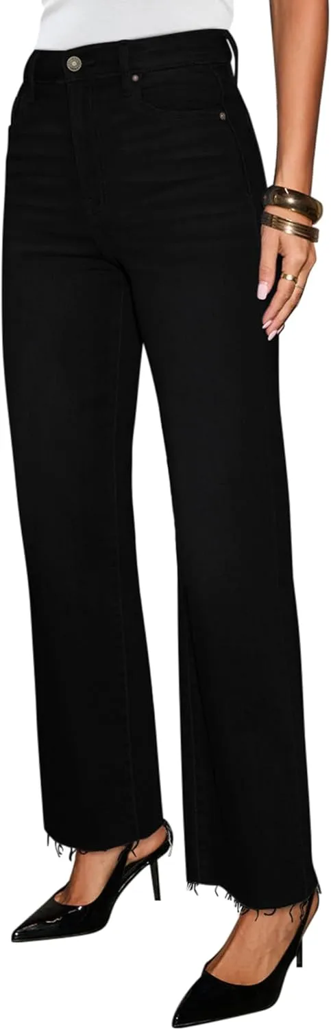 Straight Leg Jeans for Women Trendy High Waisted Cropped Boyfriend Mom Stretchy Frayed Hem Loose Wide Leg Baggy Pants