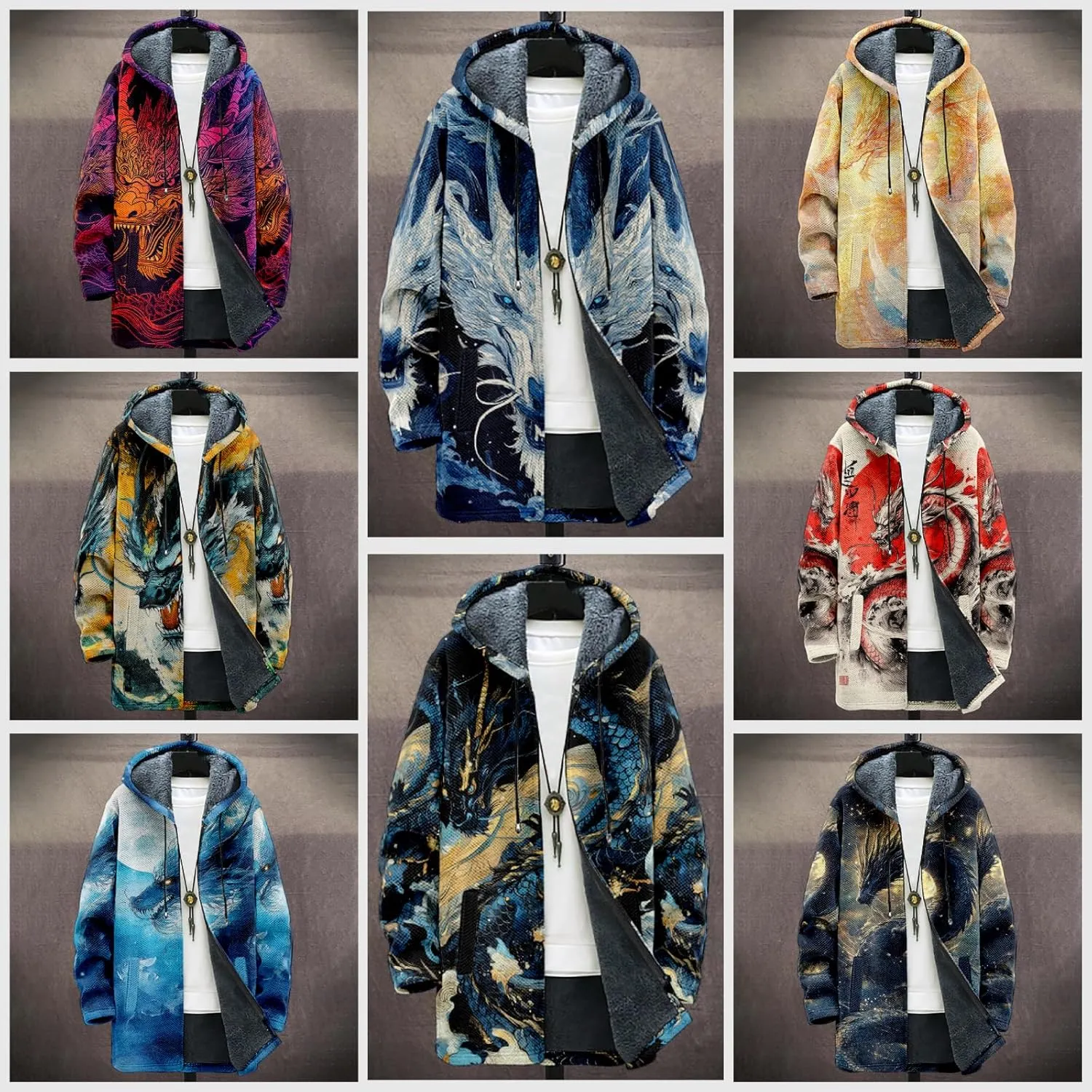 Stylish Dragon Mens Cardigan Sweater Warm Fleece Lined Long Hooded Cloak Cardigan Casual Full Zip Cool Jackets