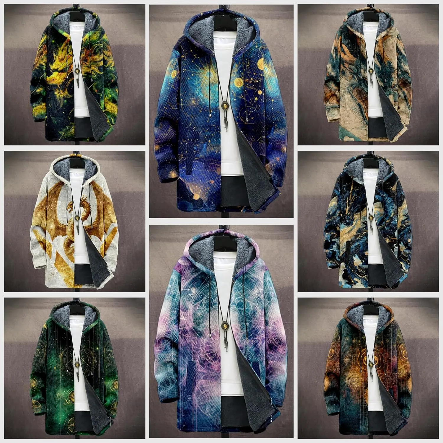 Stylish Dragon Mens Cardigan Sweater Warm Fleece Lined Long Hooded Cloak Cardigan Casual Full Zip Cool Jackets
