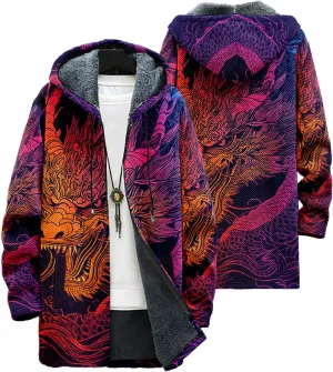 Stylish Dragon Mens Cardigan Sweater Warm Fleece Lined Long Hooded Cloak Cardigan Casual Full Zip Cool Jackets