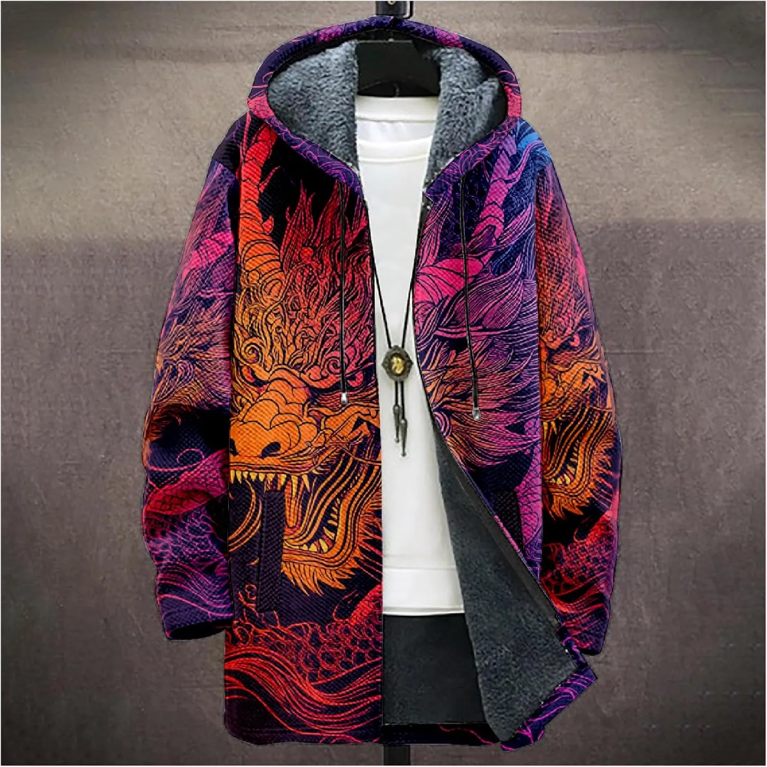 Stylish Dragon Mens Cardigan Sweater Warm Fleece Lined Long Hooded Cloak Cardigan Casual Full Zip Cool Jackets