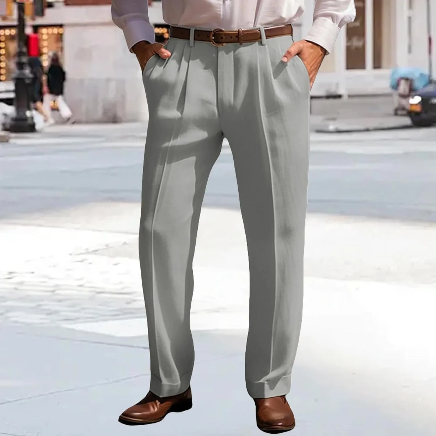 Suit Dress Pants for Men Vintage Slim Fit Stretchy Pant Cotton Linen Breathable Straight Leg Trousers Pleated Slacks