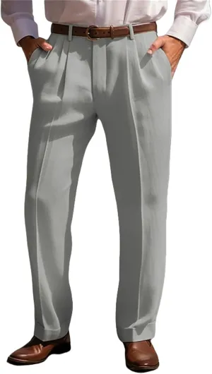 Suit Dress Pants for Men Vintage Slim Fit Stretchy Pant Cotton Linen Breathable Straight Leg Trousers Pleated Slacks
