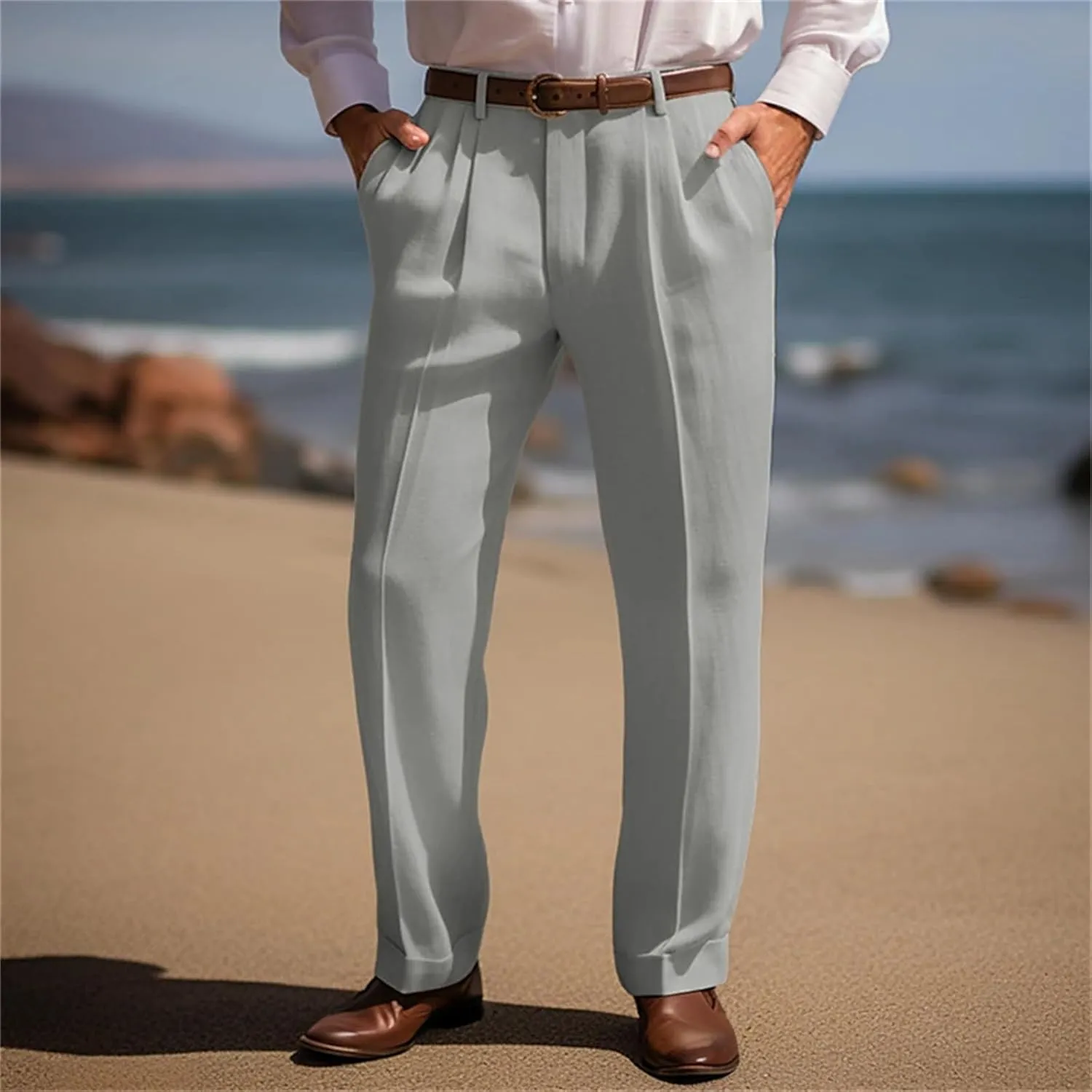 Suit Dress Pants for Men Vintage Slim Fit Stretchy Pant Cotton Linen Breathable Straight Leg Trousers Pleated Slacks